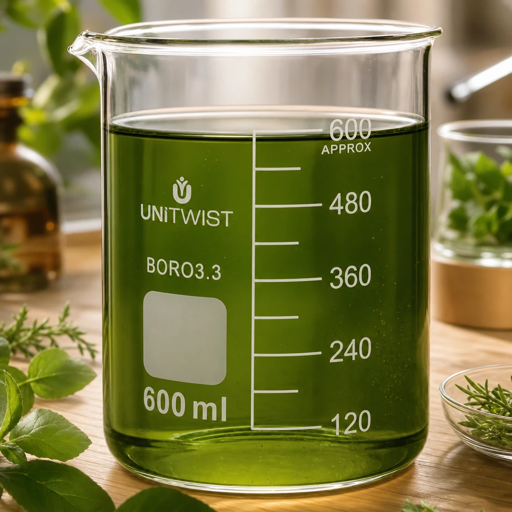 600 ml borosilikaattilasi, matala muotti UNiTWIST UNiTWIST-lasikuppi, 600 ml, täytetty vihreällä yrttiliuoksella ja ympäröity tuoreilla yrtteillä