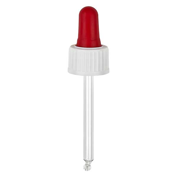 Lasinen tippapipetti valkoinen/punainen 18mm PL53.5 vakio. Lasinen tippapipetti valkoinen/punainen 18mm PL53.5 vakio.