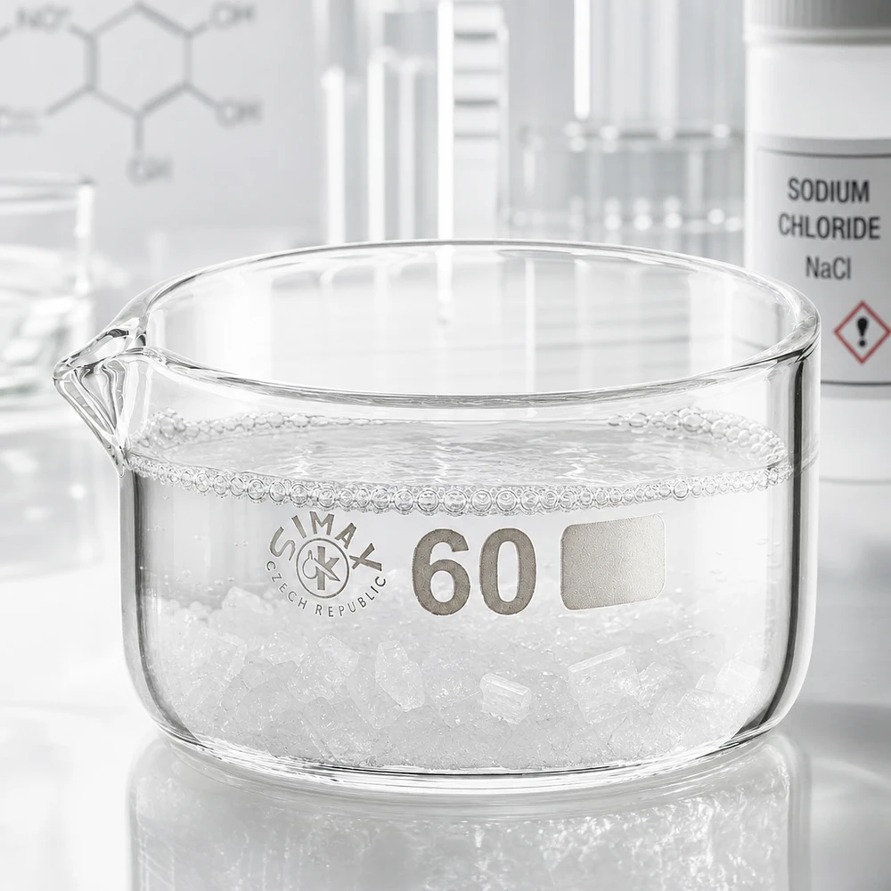60ml kiteytysastia, jossa on borosilikaattikannu ø60mm 60 ml:n kiteytysastia, jossa on natriumkloridikiteitä; laboratoriolasikulho, litteä muoto, kaatonokka