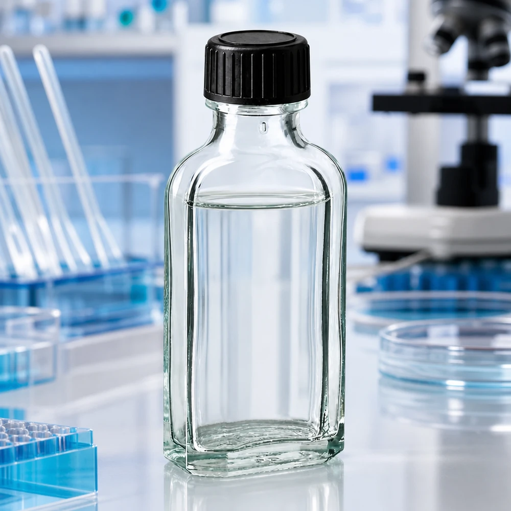 Läpinäkyvä Meplat-pullo, 50 ml, LKD-tiivistekiekolla, ammattimaisessa laboratorioympäristössä