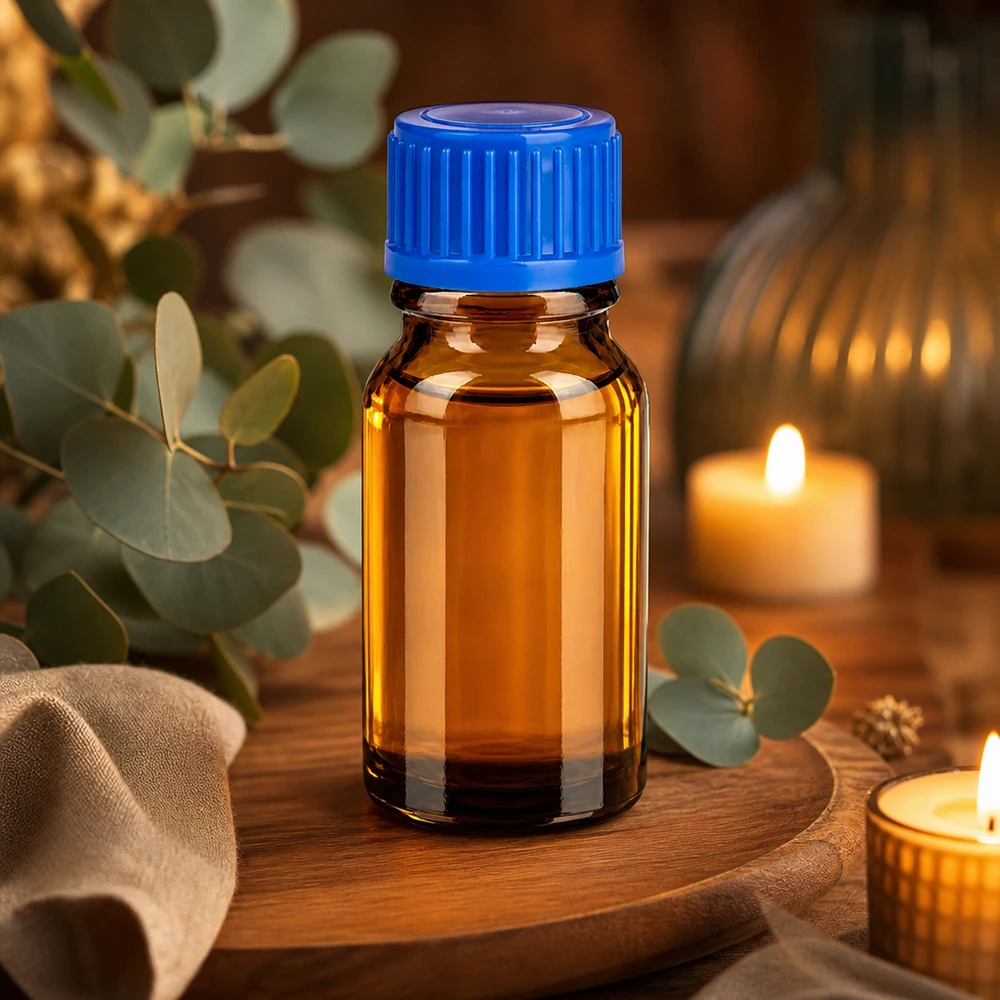 10ml apteekkipullo meripihkanväristä lasia, jossa sininen korkki valolle herkille aineille.