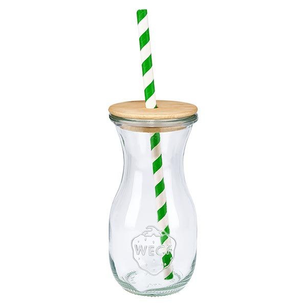 6 x WECK 290ml mehupullo RR60, jossa on puukansi ja 100 ekologista S WECK mehupullo 290ml, jossa on luonnollinen puukansi ja vihreä ja valkoinen ekologinen olki, yhden näkymän juomalasi
