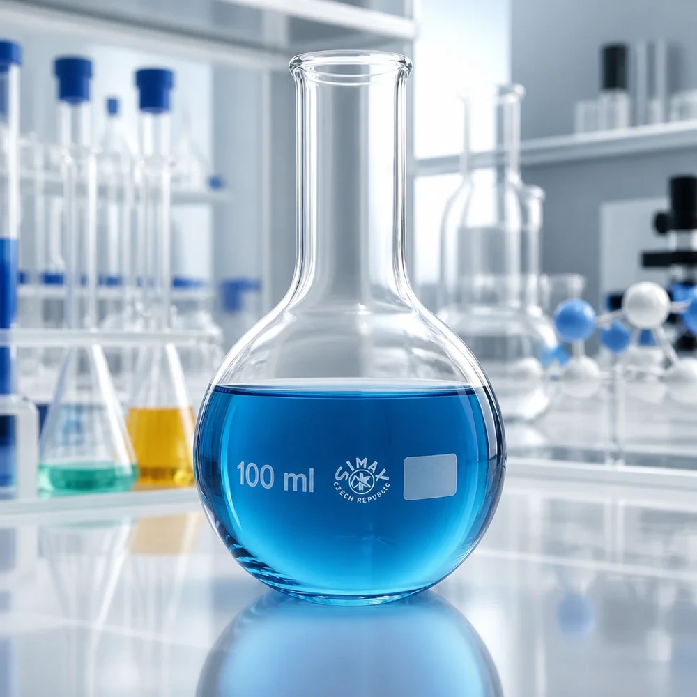 Laboratoriopullo 100ml, pitkä kaula kemiallisiin analyyseihin ja tislaustoimenpiteisiin