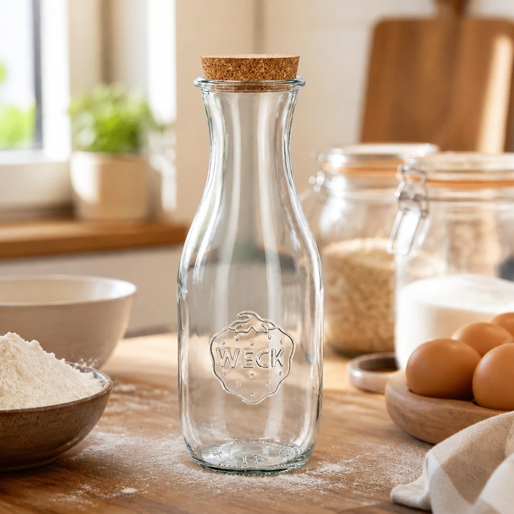 1062ml mehupullo WECK RR60 korkilla luonnonmukainen WECK lasipullo 1062ml RR60 korkilla puisella työtasolla leivonta-ainesten, kuten jauhojen ja munien välissä vaaleassa keittiössä.