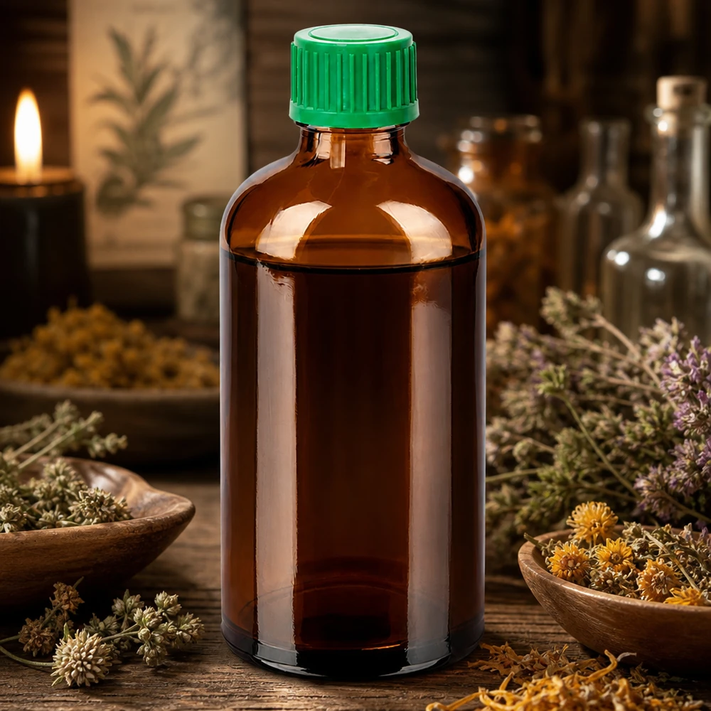 Korkealaatuinen 100ml meripihkanvärinen lasipullo, jossa on UV-suoja ja vihreä 11mm kierrekorkki.