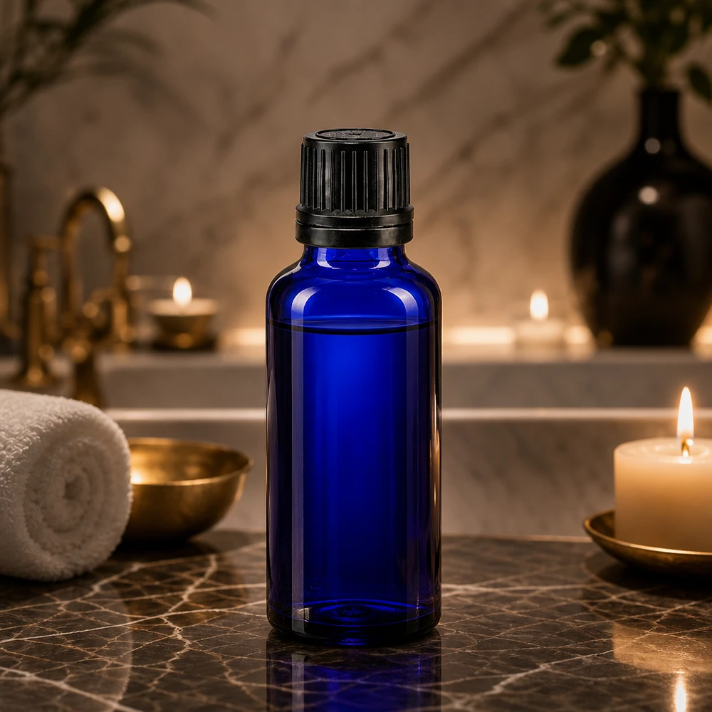 Apteekkipullo sininen 30ml ruuvikorkki musta valurengas sinetöintiturvallinen sulkeminen Koboltinsininen 30 ml:n apteekkipullo, jossa on alkuperäinen kierrekorkki, tummalla marmorilla spa-tunnelmassa