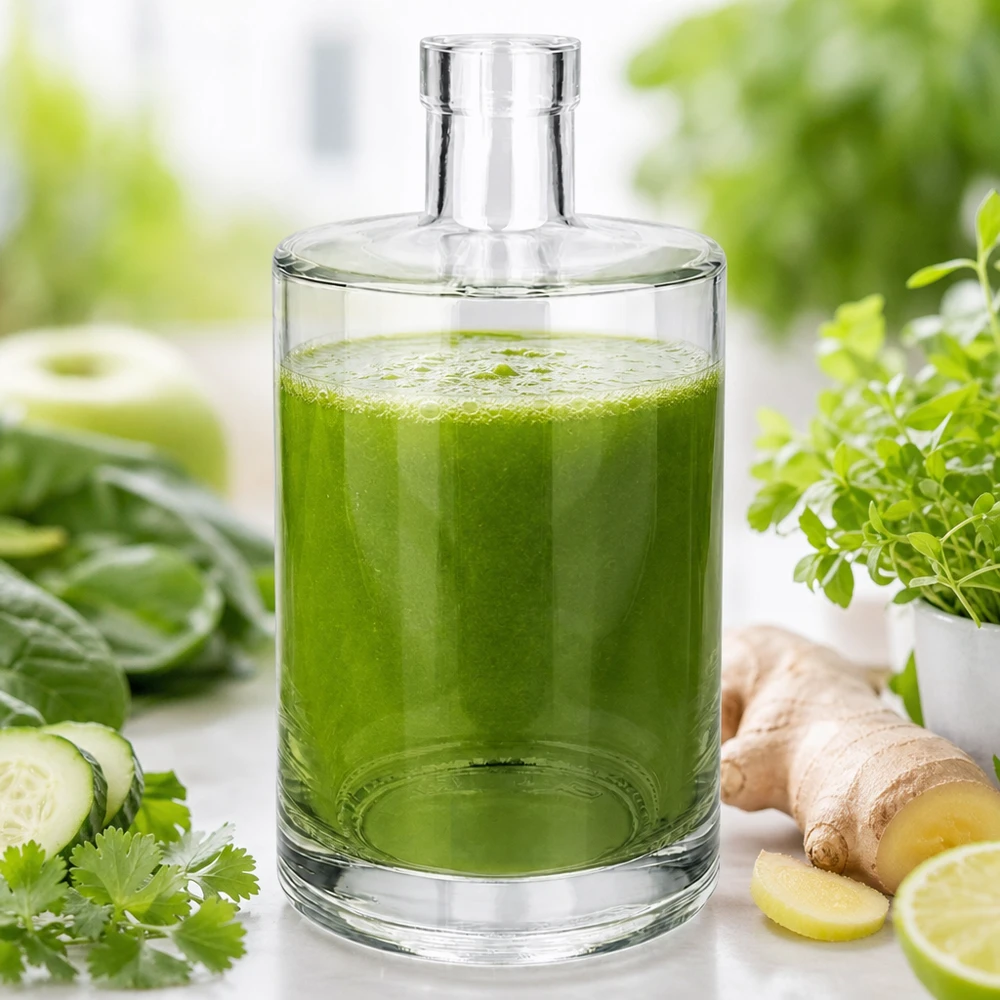 700ml lasipullo Marie täynnä vihreää smoothieta kurkun, inkiväärin ja yrttien vieressä vaalealla taustalla.