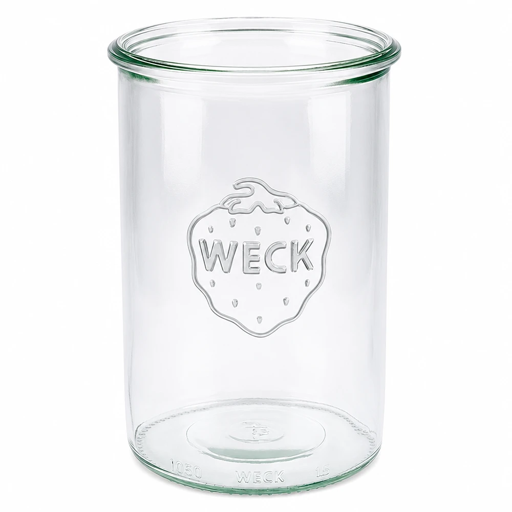 1000 ml:n WECK RR100 -lasipurkki WECK 1000ml RR100 muuripurkki kirkkaasta lasista, jossa on kohokuvioitu logo säilöntään ja säilytykseen.