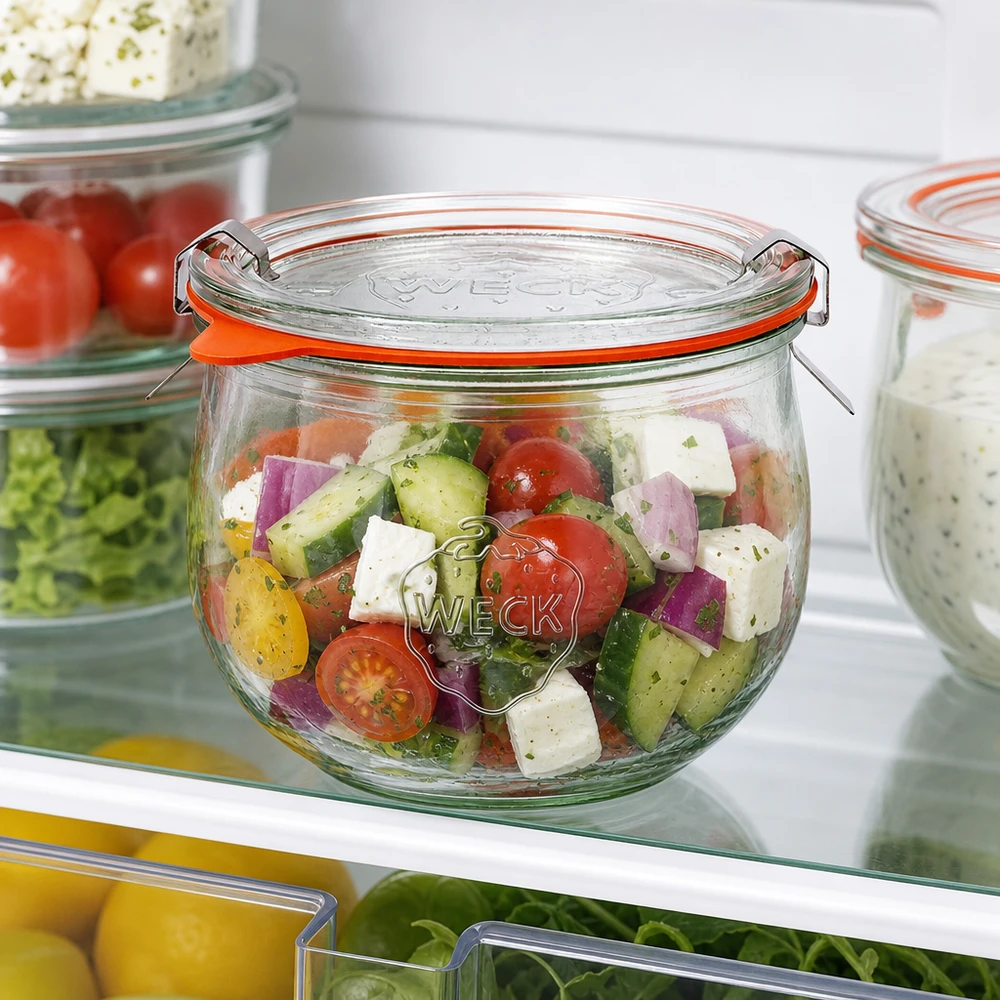 580ml tulppaanipurkki täydellinen WECK RR100 WECK tulppaanipurkki 580ml RR100 värikkäällä salaatilla jääkaapissa, käytännöllinen aterian valmistelu säilytys tuoreille ainesosille.