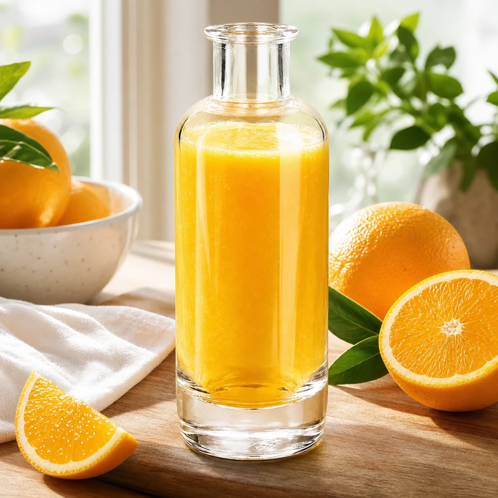 200ml Glasflasche "Ella" ohne Verschluss UNiTWIST 200ml lasipullo Ella täynnä appelsiinimehua, jota ympäröivät tuoreet appelsiinit, näyttää luonnolliset hedelmäjuomat Sovellus