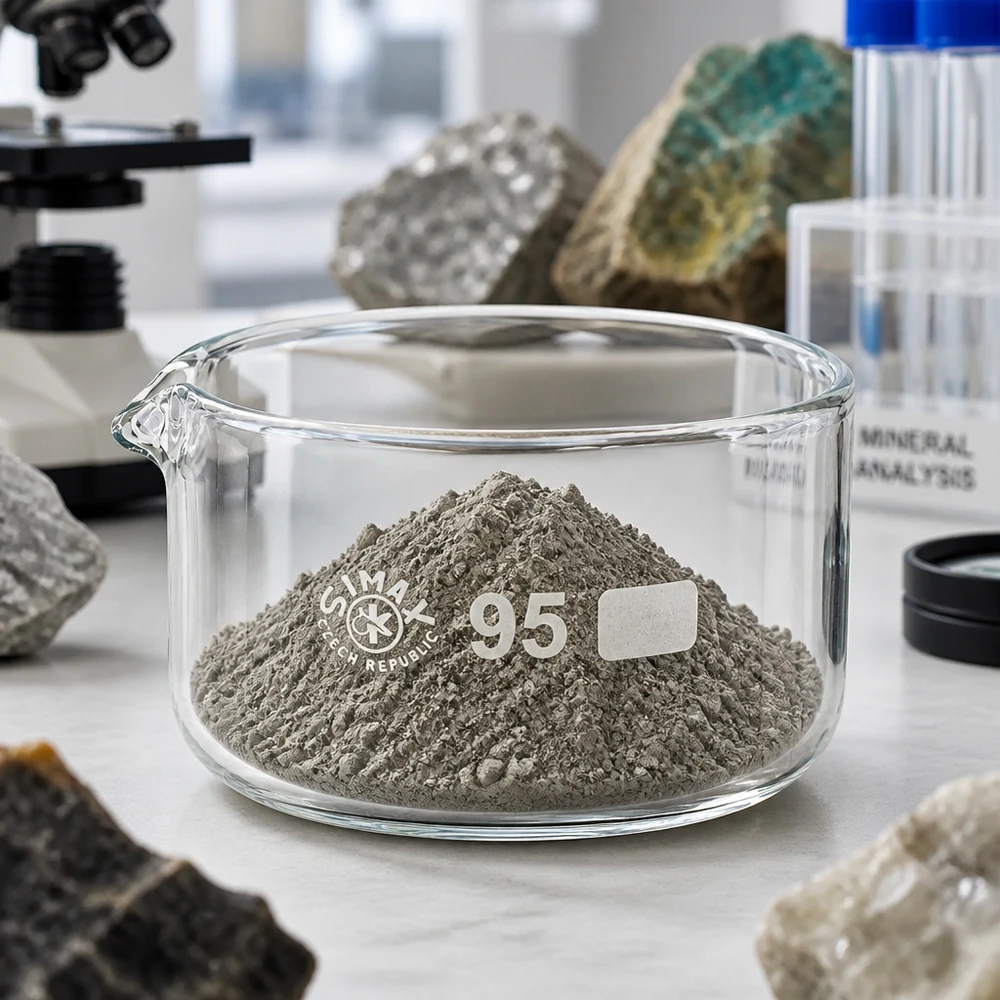 300 ml:n kiteytysastia, täytetty harmaalla mineraalijauheella, laboratorioanalyysi, borosilikaattilasi, ø95 mm