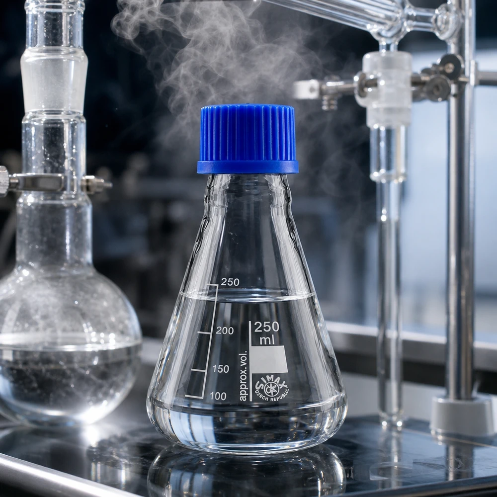 Erlenmeyer-pullo 250ml, jossa on kierrekorkki. Erlenmeyerpullo 250ml, jossa on käytännöllinen millilitra-asteikko tarkkaa tilavuuden määritystä varten laboratoriossa.