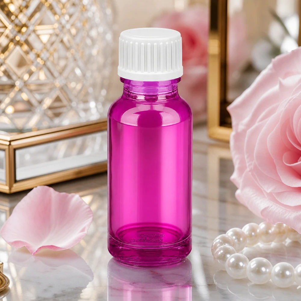Elegantti 20ml tippapullo kirkkaan violetilla ja valkoisella ruuvikorkilla aromaterapiaan