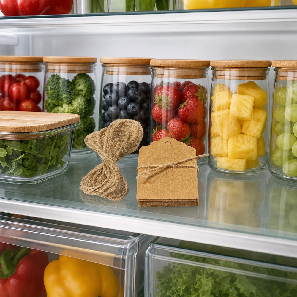 Braune Geschenkanhänger mit Kordel im Kühlschrank neben Vorratsgläsern mit Obst für praktische Lebensmittel-Organisation