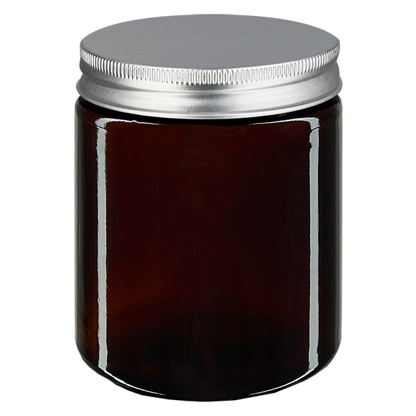 180ml lasipurkki. ruskea, hopeisella metallikannella. ApoGlas