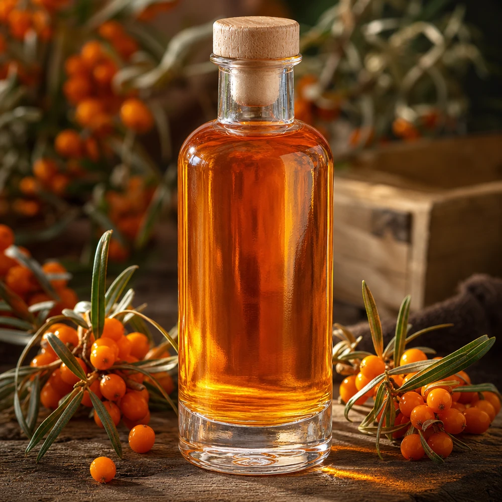 200ml Ella-lasipullo, jossa on puukorkki ja joka on täytetty oranssin värisellä tyrniöljyllä tuoreiden tyrnin oksien välissä.