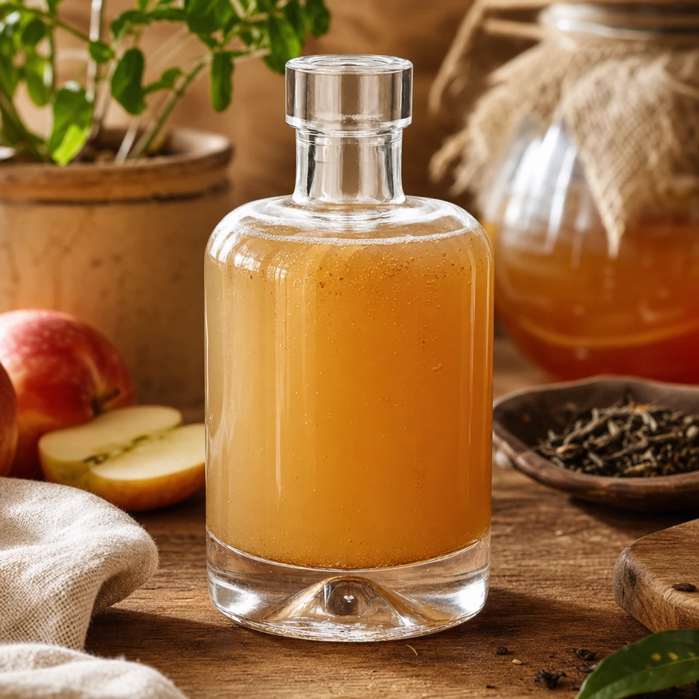 50ml Glasflasche "Attila" ohne Verschluss UNiTWIST® 50 ml:n Amelie-lasipullo täynnä omenaviinietikkaa omenaviipaleiden ja mausteiden vieressä osoittaa, että sitä käytetään etikkaan ja vinaigretteen.