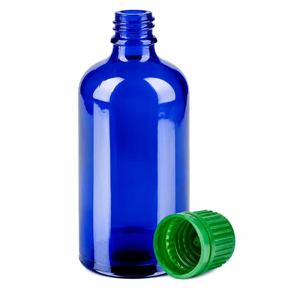 100ml pullo 11mm kierrekorkki vihreä väärentämisen estävä korkki BlueLine UT18/100 100ml lääkepullo sininen vihreällä korkilla 11mm aukko farmaseuttisiin sovelluksiin