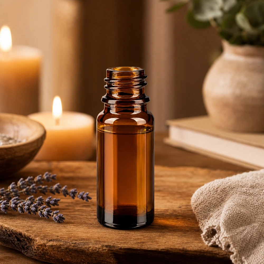 10ml ruskea apteekkipullo ApoGlas, jossa on laventelikukkakynttilöitä ja aromaterapiatarvikkeita puisella tarjottimella.