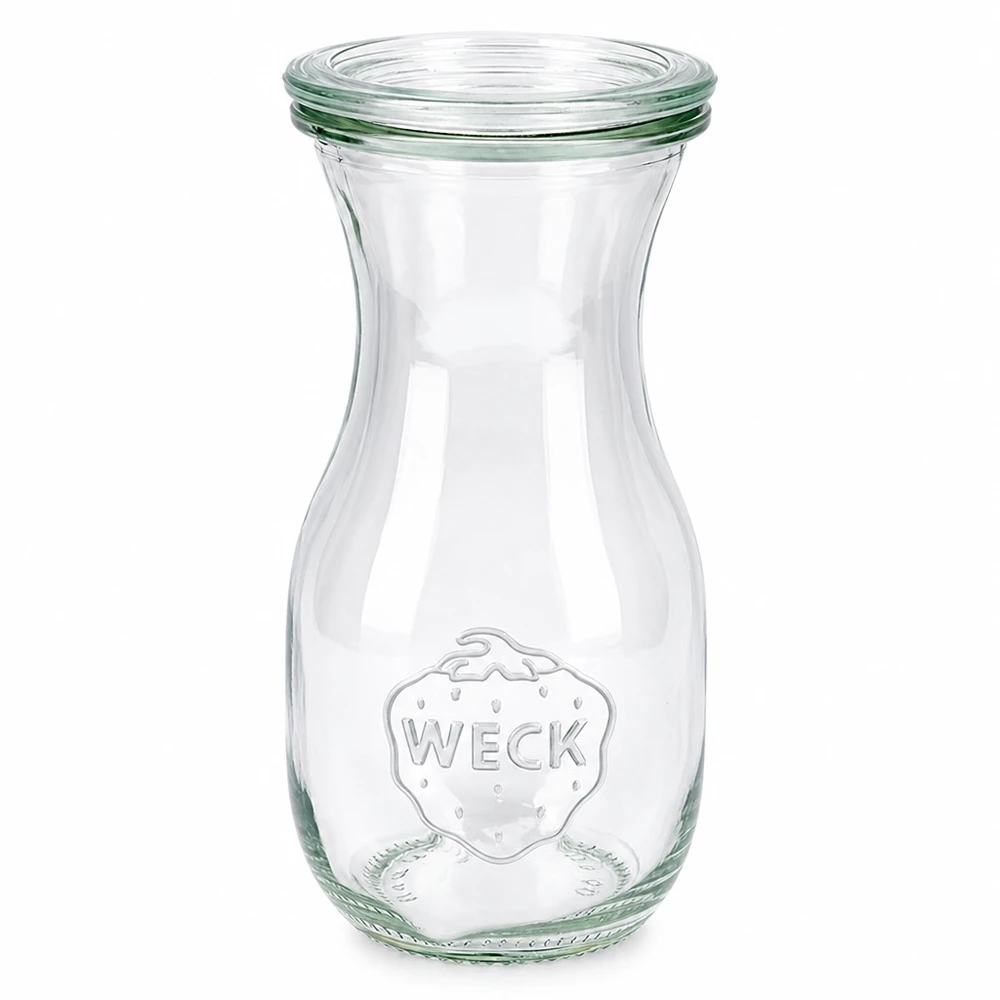 WECK mehupullo 290ml lasista, jossa on lasikansi RR60 läpinäkyvä, jossa on Weck-logo mehuille ja juomille.