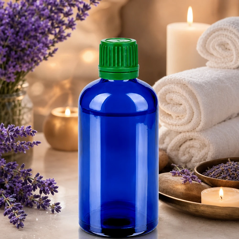 Koboltinsininen apteekkipullo 100ml vihreällä kannella ihanteellinen aromaterapiaan ja hyvinvointiin.