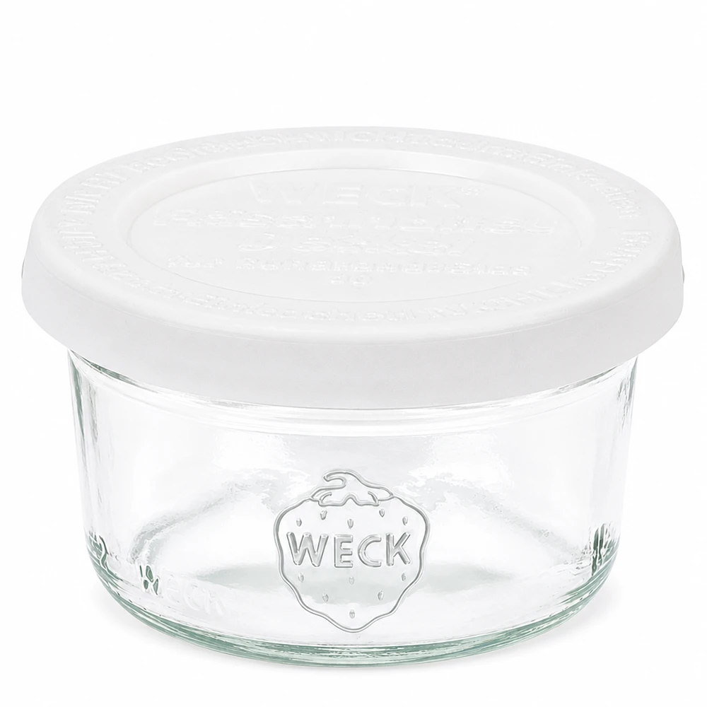 50 ml:n lasipullot, joissa on tuore kansi WECK RR60 50ml WECK RR60 muurinpohjapurkki valkoisella lasikannella säilöntään ja säilytykseen.
