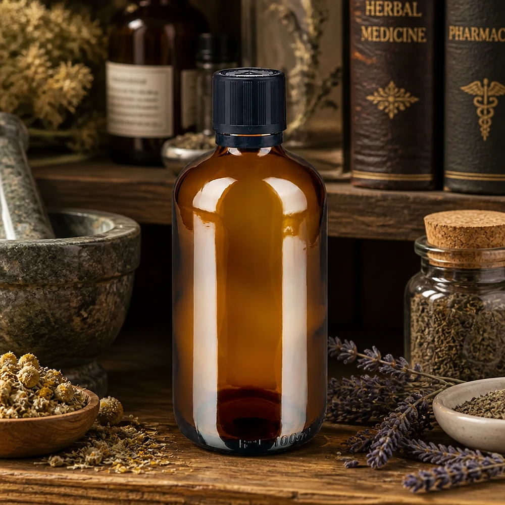 Apteekkipullo ruskea 100ml tiputuskorkki Premium 1mm musta Lapsiturvallinen peukaloinnin estävä suljin, jossa on peukaloinnin estävä symboli. Meripihkavärinen 100 ml:n ruskea lasipullo, jossa on musta tippakorkki, rustiikkisella puupöydällä, jolla on yrttejä