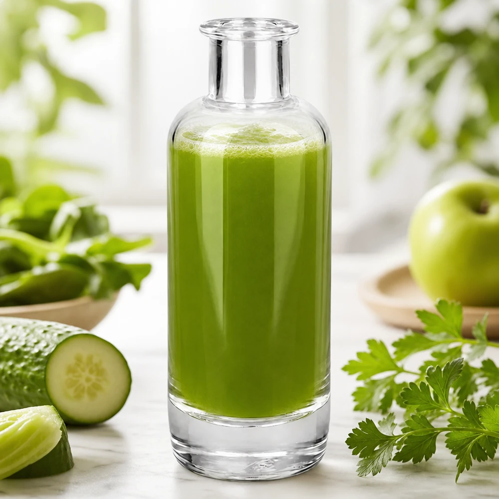 200ml apteekkipullo Ella täynnä vihreää smoothieta näyttää sovelluksen juomiin ja kosmetiikkaan.