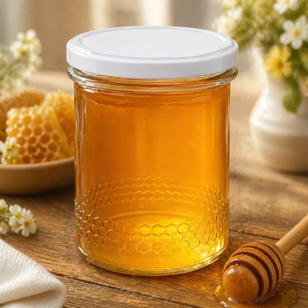 560g Honigglas + BasicSeal Deckel weiß UNiTWIST 400ml hunajapurkki täynnä kultaista hunajaa hunaja lusikka ja hunajakenno luonnollinen keittiö kohtaus hunajakenno kuvio vieressä