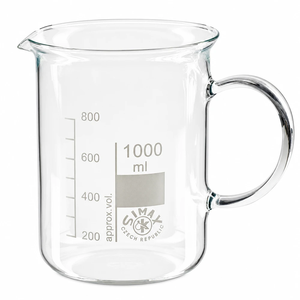 Juomalasi 1000ml borosilikaattilasi, kahvalla varustettuna Simax Czech Republicin valmistama 1000 ml:n kädensijallinen, läpinäkyvä borosilikaattilasi-mitta-astia