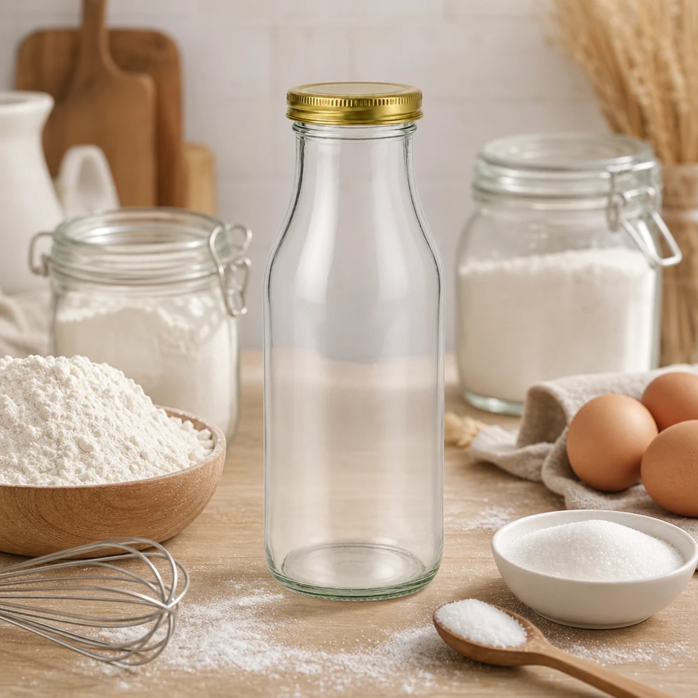 263ml pullo kultaisella UNiTWIST BioSeal-kannella. UNiTWIST Bottle263 mit goldenem TO43 BioSeal Deckel als stylische Backzutat-Aufbewahrung zwischen Mehl und Eiern