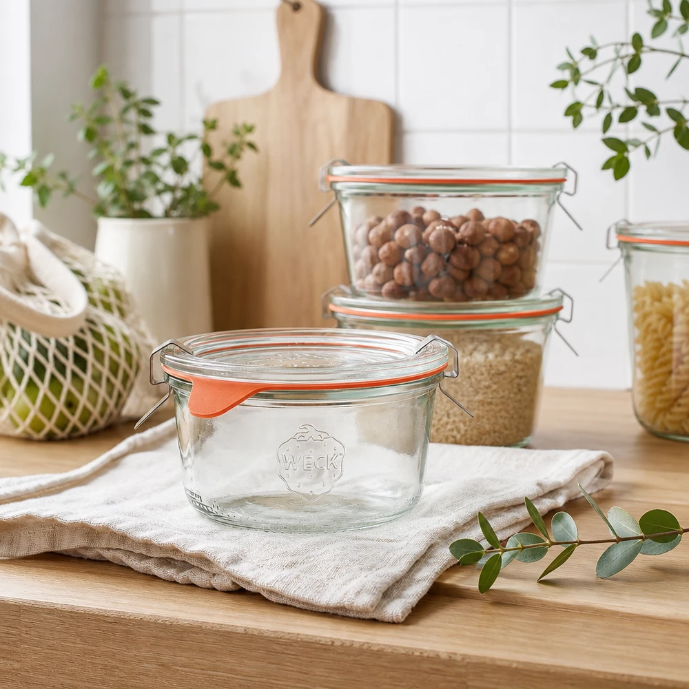 Täydellinen 165ml tumppupurkki WECK RR80 WECK 165ml RR80-lasit modernissa keittiössä, jossa on pähkinöitä ja muroja täynnä olevia säilytyspurkkeja puisella työtasolla.