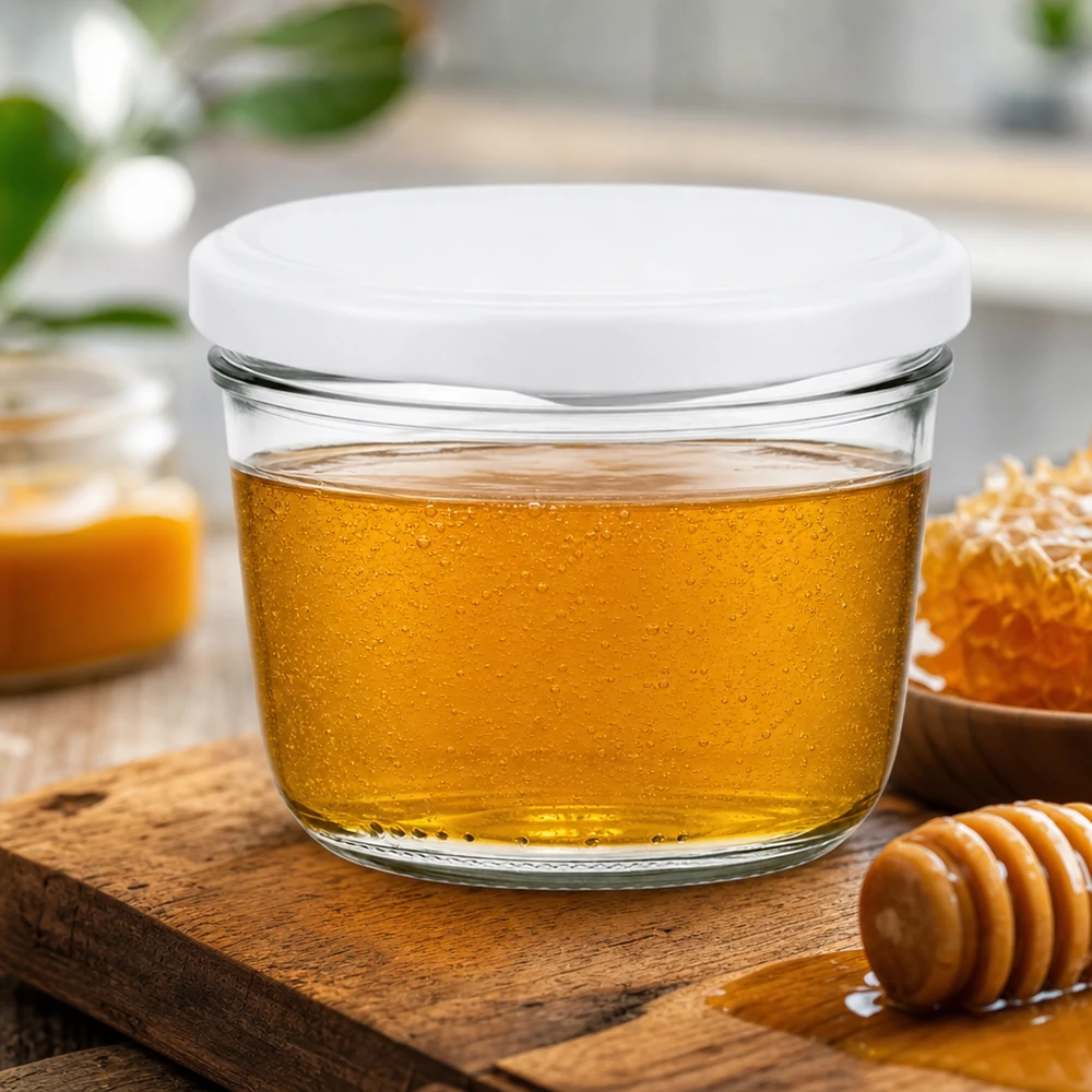 230ml lasit valkoisella kannella hunajaa varten - mehiläishoitajan purkki ja hunajalusikka maalaismaisella puupöydällä.