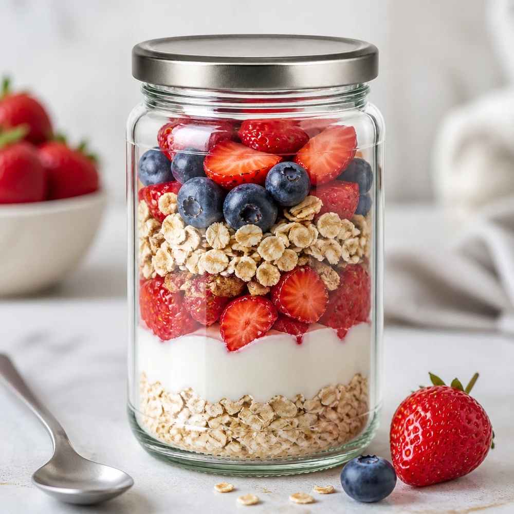 305ml Rundglas als Overnight Oats Schichtdessert mit Beeren und Granola - BasicSeal Deckel silber für Meal Prep