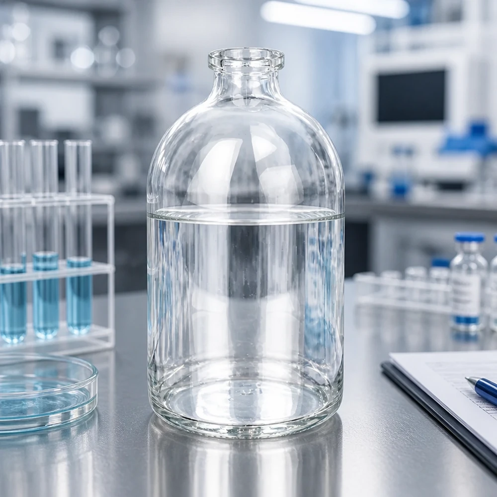Injektionsflasche 100ml Klarglas mit charakteristischer Schulterform und schmalem Ausguss