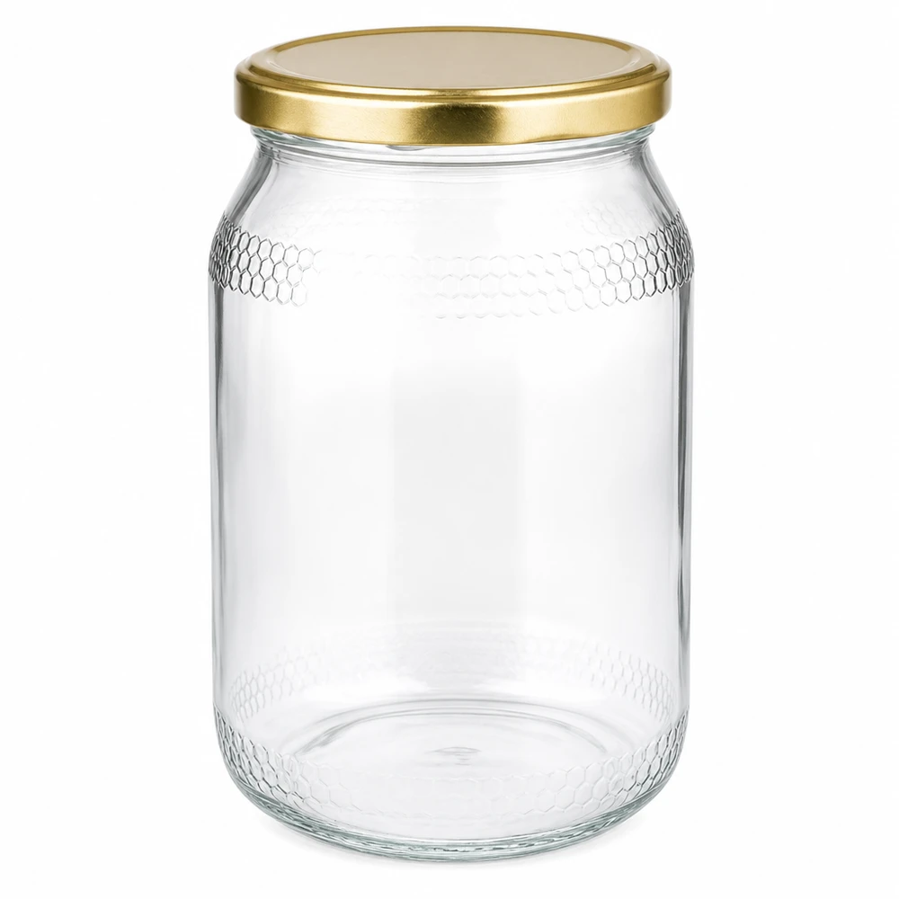 900ml hunajapurkki kultaisella BasicSeal UNiTWIST-kannella - tyhjä lasipurkki hunajalle, jossa on hunajakennokuviointi