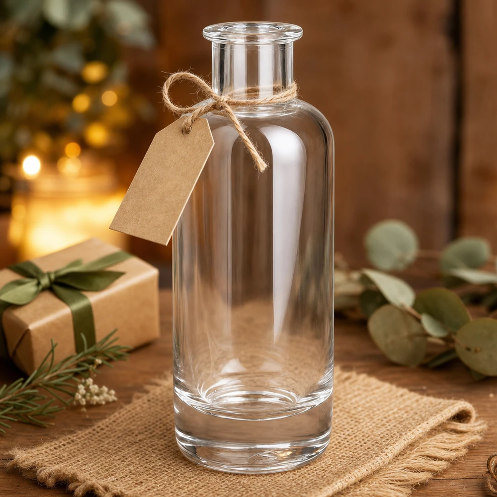 200ml lasipullo Ella tyhjä lahjatunnisteella ja juuttinauhalla joululahjaksi puulla koristeltuna.