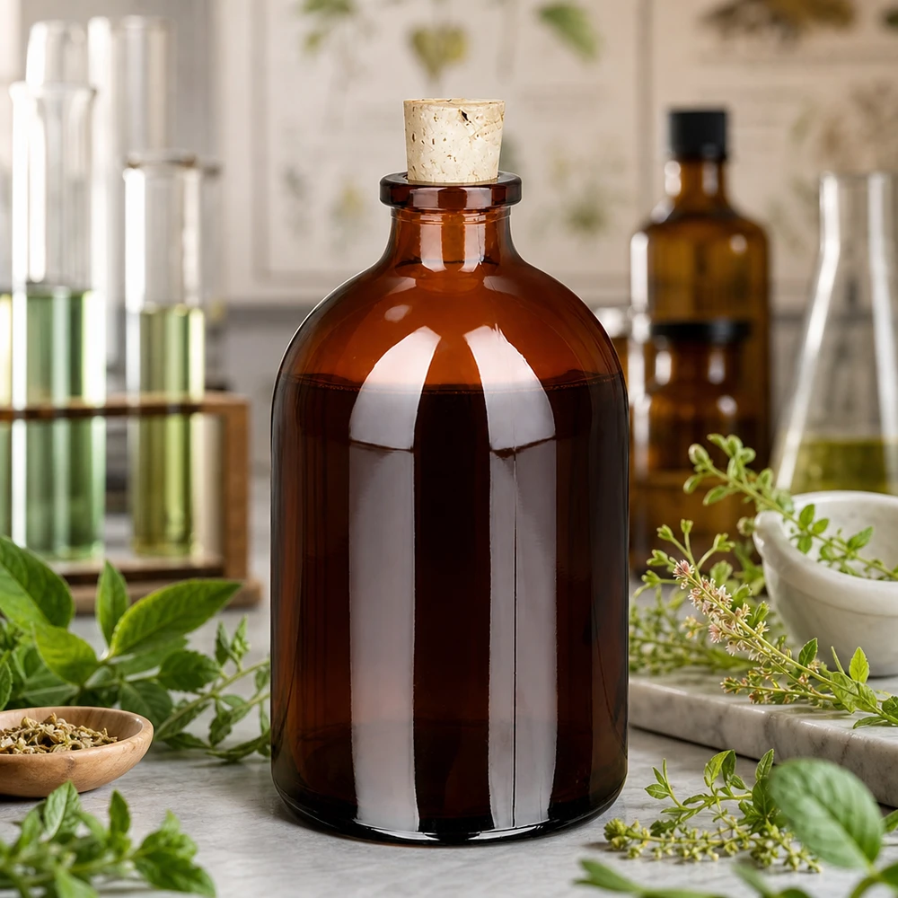Meripihkanvärinen lasipullo 100ml korkilla 11/14mm Rundbodenflasche 100ml Braunglas mit Korkdurchmesser 11/14mm neben Mörser und Kräuterextrakten