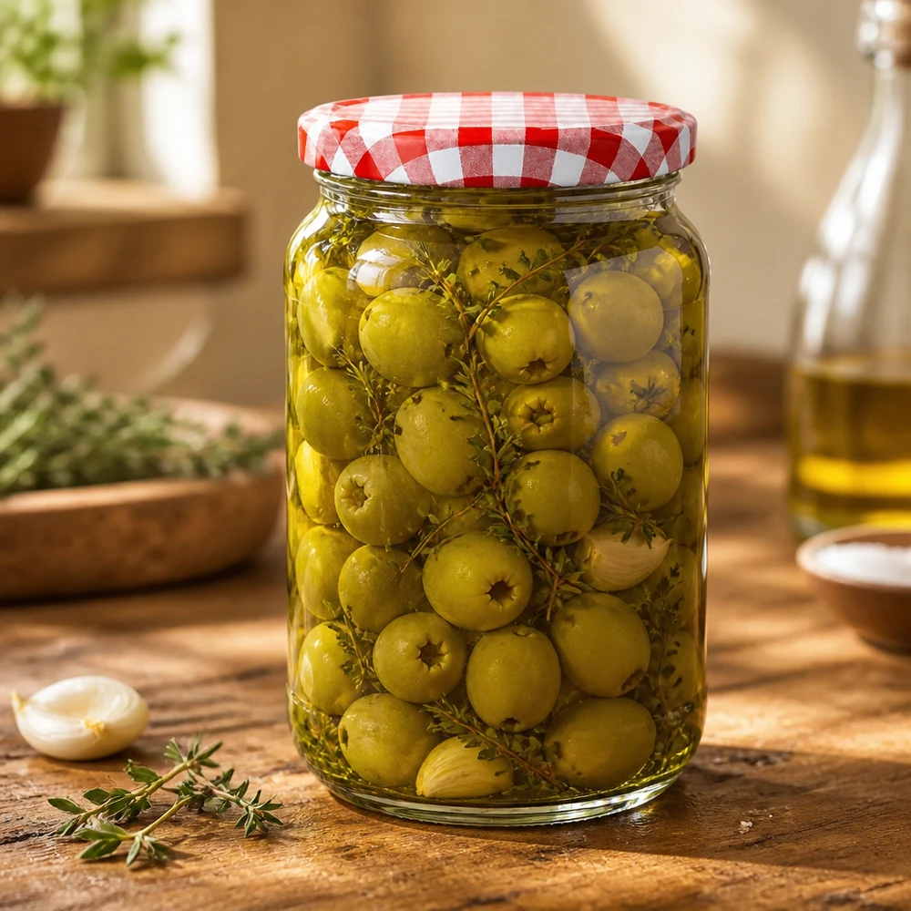 1062ml pyöreä lasi + BasicSeal-kansi punainen/valkoinen UNiTWIST 1062ml Rundglas BasicSeal Deckel mit eingelegten grünen Oliven und Kräutern auf Holztisch Einmachglas Antipasti