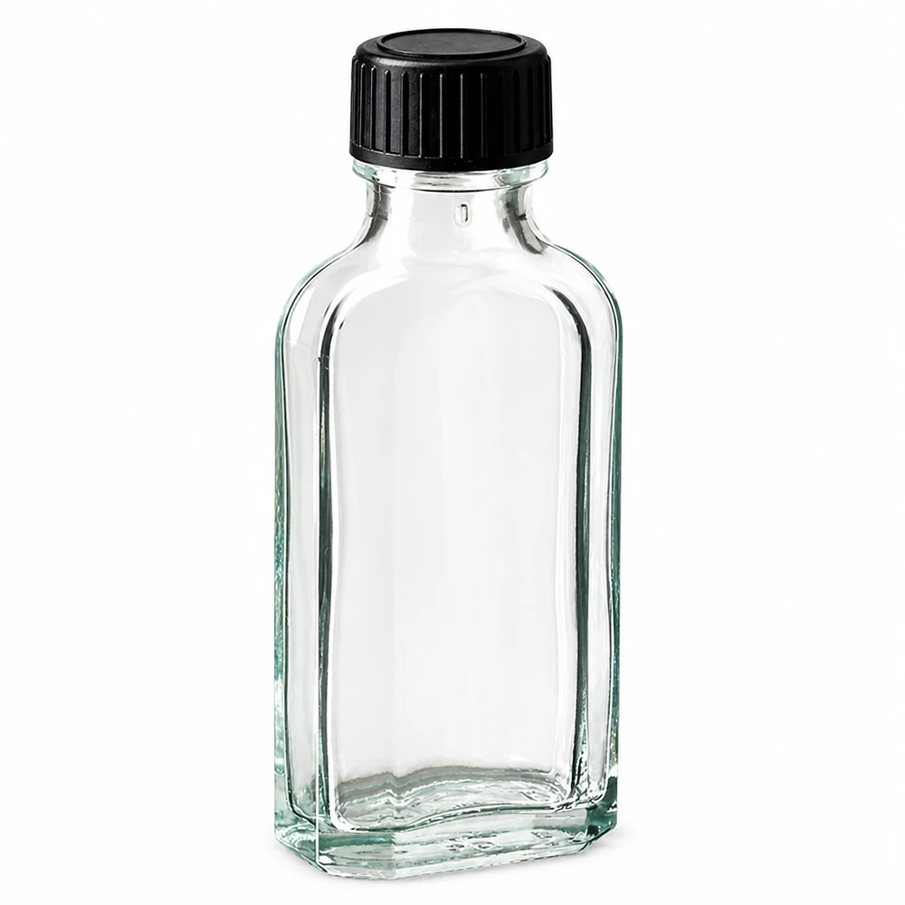 50 ml Meplat kirkas kierrekorkki, jossa on LKD-sulkulevy: LKD-sulkulevy 50 ml:n Meplat-lasipullo, kirkas, mustalla kierrekorkilla ja LKD-tiivistekiekolla
