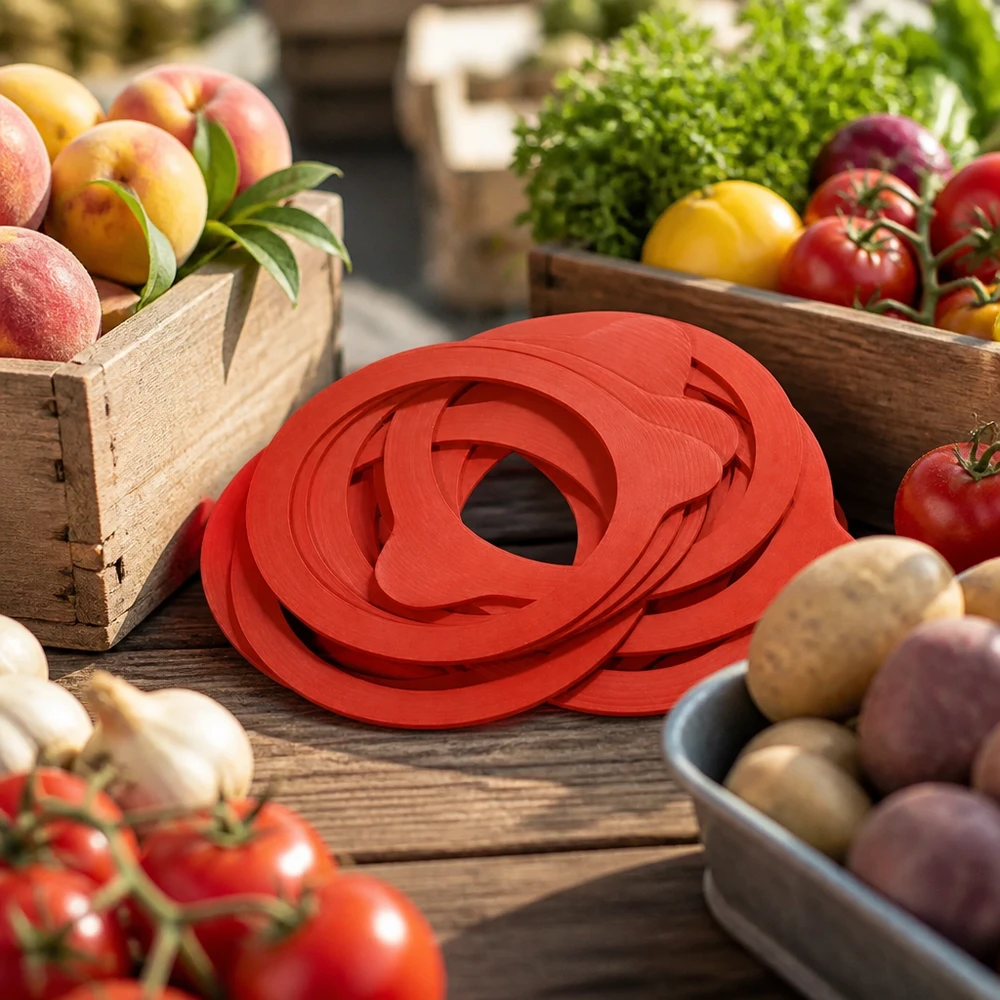 Tiivistysrengas, luonnonkumi RR80 Einkochring RR80 Naturgummi rot auf rustikalem Holztisch mit frischem Obst Gemüse Marktstand Atmosphäre Einkochen