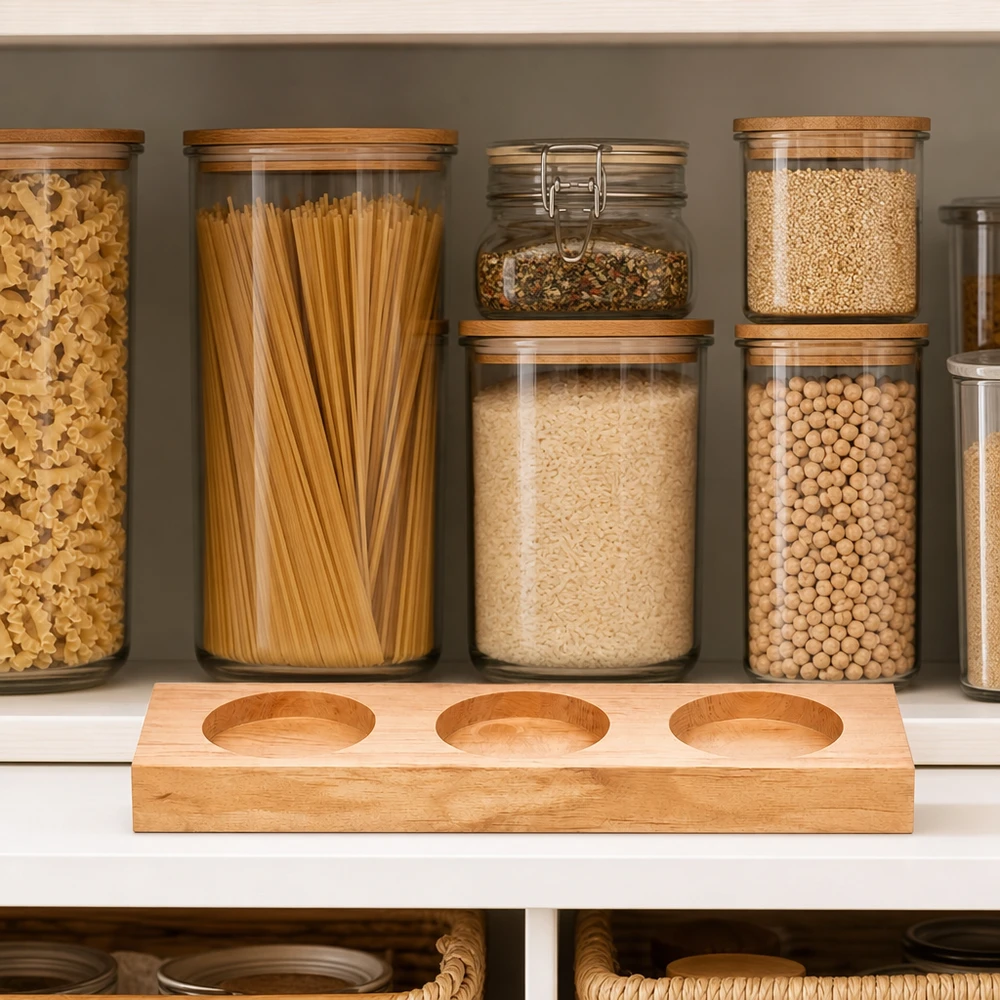 Tarjoilulauta Plano3, 3 WECK-lasille Plano3 tarjoilulauta WECK-purkeille järjestäytyneessä säilytyskeittiössä, jossa on pastaa ja palkokasveja säilytyspurkeissa.