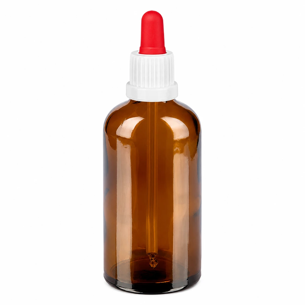 100ml pipettipullo ruskea, jossa valkoinen korkki ja punainen pipetti tarkkaa annostelua varten.