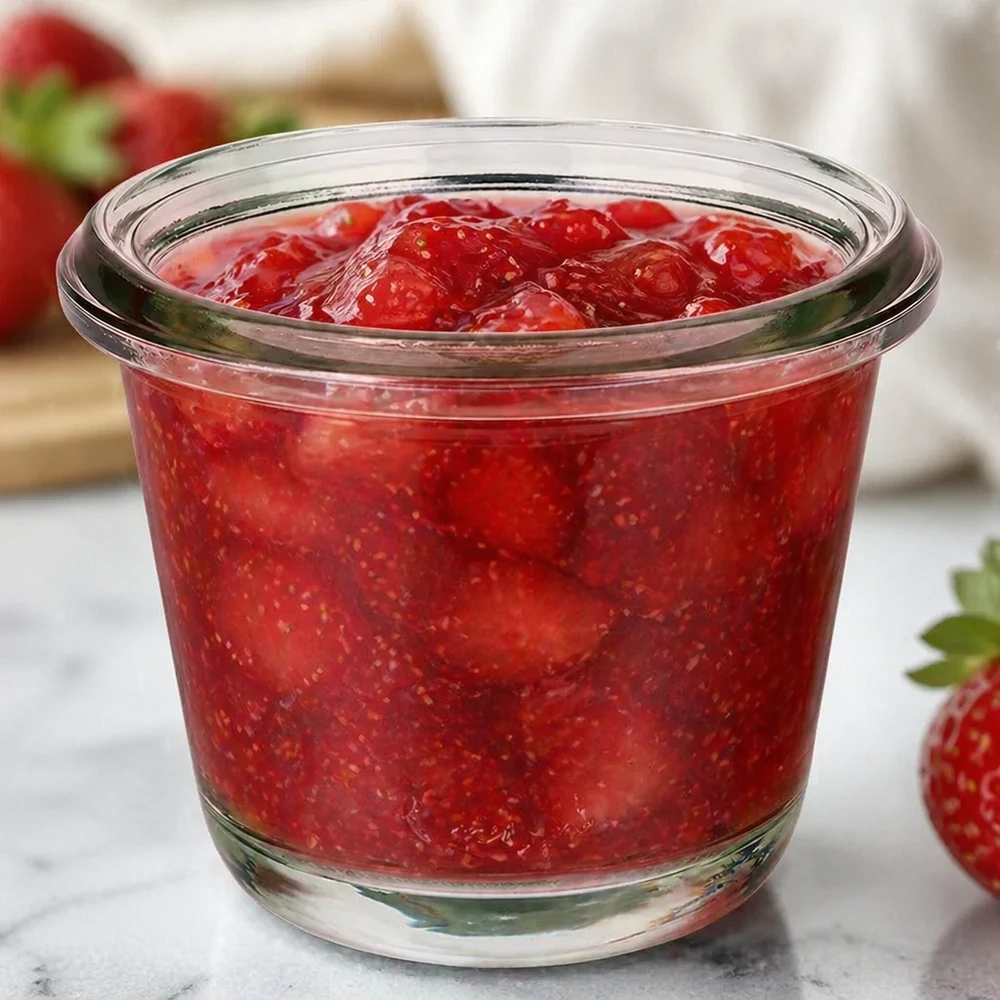 80ml Gughugelpurkki WECK RR60 täydellinen 80ml Gughugelpurkki WECK RR60 WECK Gourmet-purkki RR60 80ml täynnä punaista mansikkahilloa tuoreiden mansikoiden välissä marmorisella työtasolla.