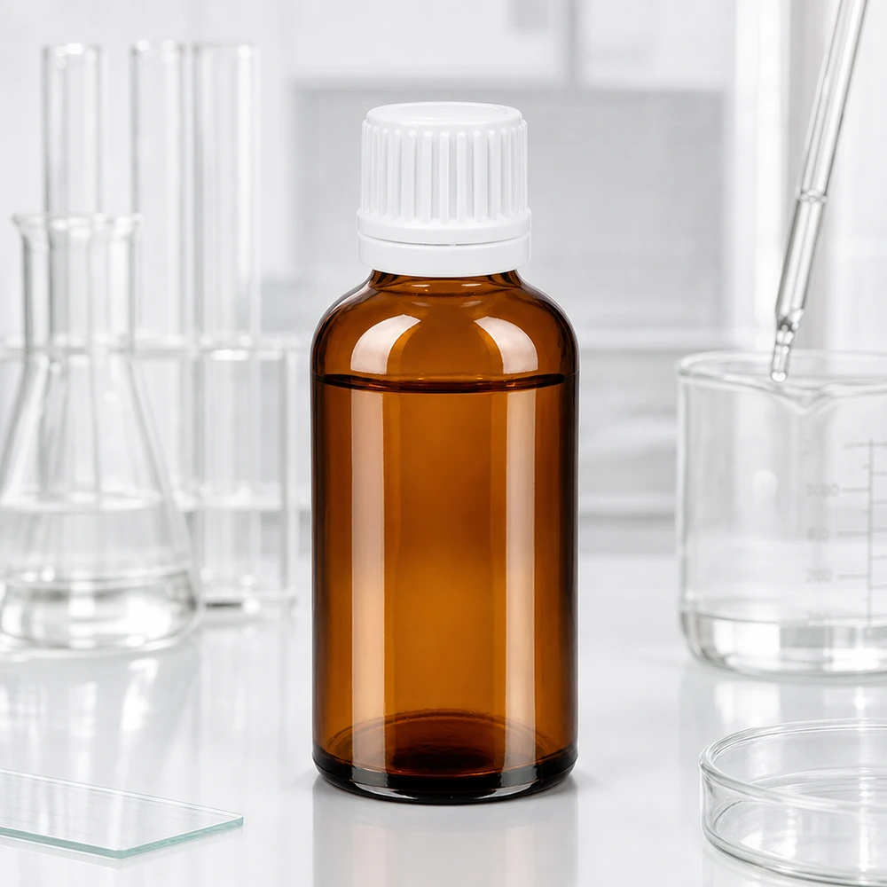 Pienikokoinen 50 ml:n tippapullo meripihkalasista, jossa on valkoinen kierrekorkki laboratorio- ja farmaseuttiseen käyttöön.
