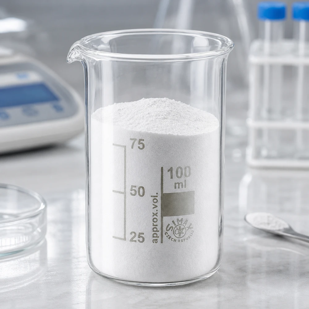 Juomalasi 100ml borosilikaattilasi, korkea muoto Valkoista jauhetta 100 ml:n korkeassa borosilikaattilasista valmistetussa mittalasiin laboratoriopöydällä