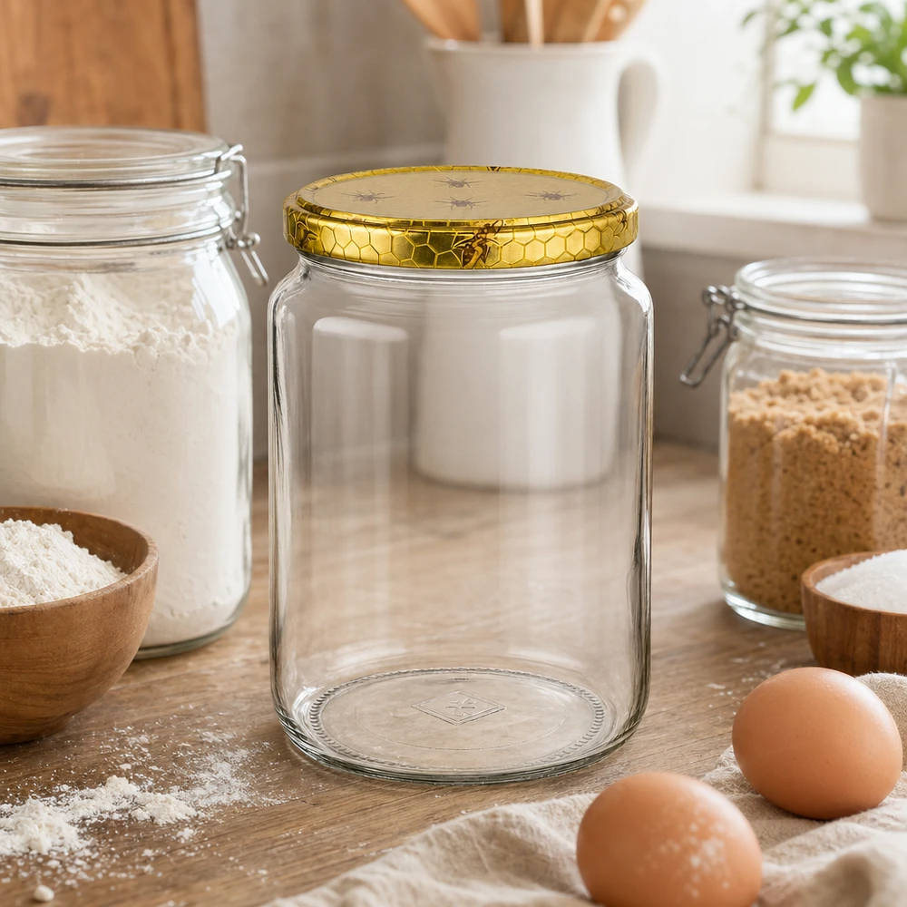 1000g Honigglas mit Bienenwabe Deckel BasicSeal UNiTWIST 1000 g hunajapurkki ja hunajakennokansi jauhojen, munien ja leivonta-ainesten vieressä puisella työtasolla Keittiö kohtaus Mehiläishoito