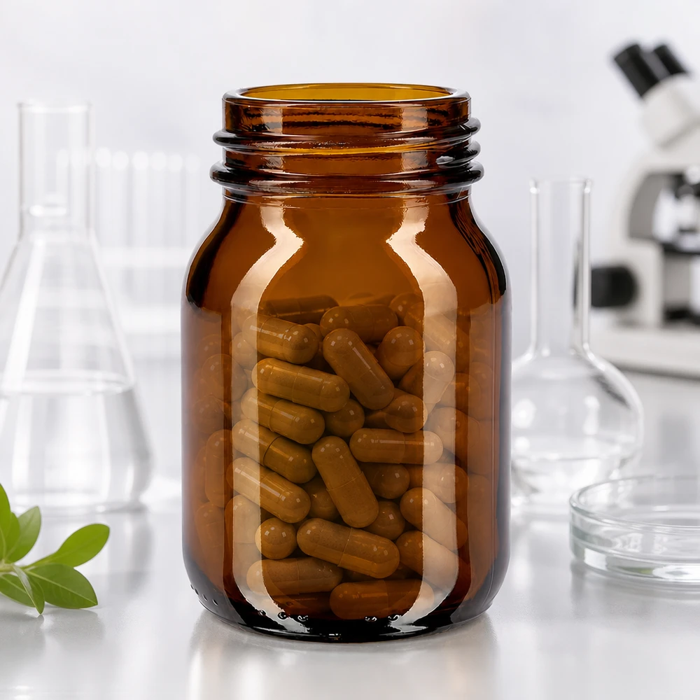 Pienikokoinen 75ml meripihkalasinen apteekkipullo, jossa on leveä aukko lääkkeille.