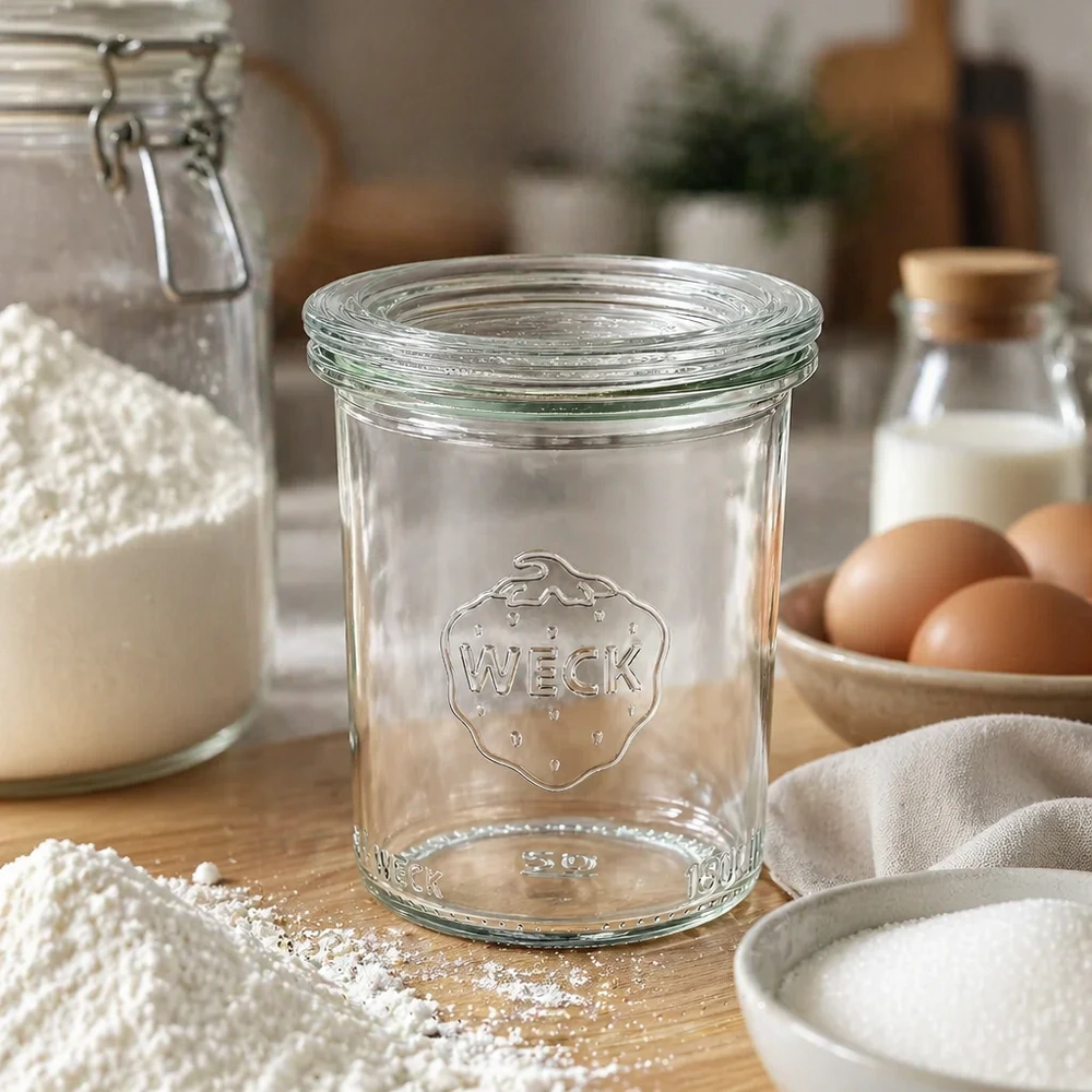 WECK 160ml RR60 tyhjä maalaismainen keittiöpurkki, jossa on jauhoja, kananmunia ja maitoa säilöntään ja varastointiin.