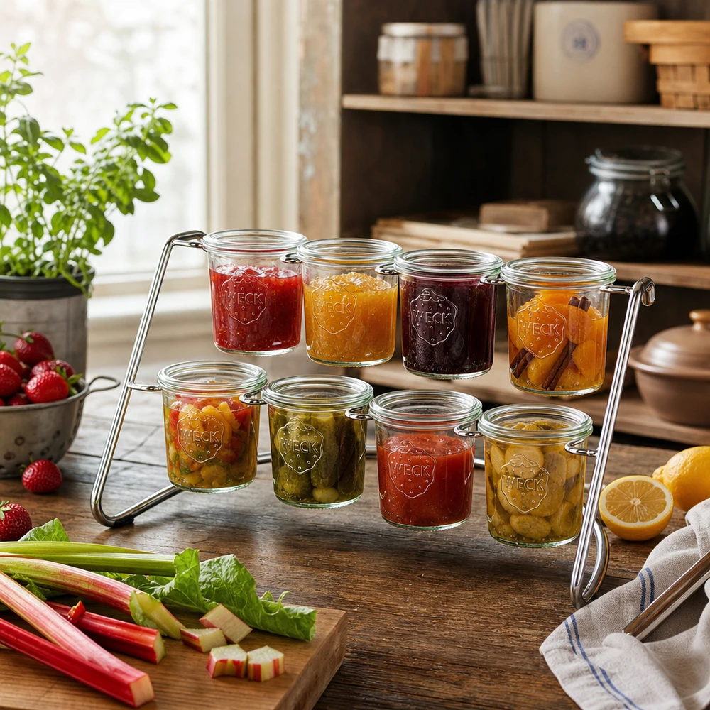 Flato8-tarjoiluteline 8 WECK-lasille Flato8-tarjoiluteline, jossa on värikkäitä hilloja ja marmeladeja WECK-purkkeihin aseteltuna rustiikkisessa keittiöympäristössä.